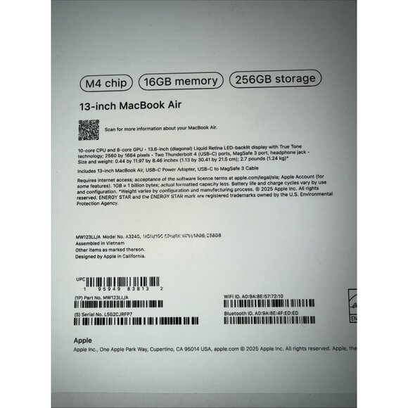 Apple MacBook Air M4 Chip 16GB 256GB 13-inch Model A3240 EMPTY BOX ONLY - Picture 6 of 10